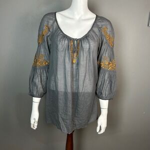 Floreat Anthropologie Top Size 12 Peasant Fairy Grunge Grey Cotton Embroidered